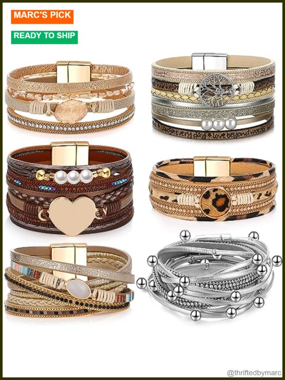 6 Pc Boho PU Leather Wrap Bracelets Stackable Set Women